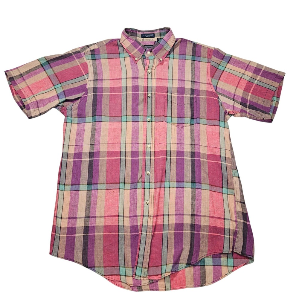 Lands End VTG 90s Madras S/S Button Down Shirt Plaid Multi-Color Sz L
